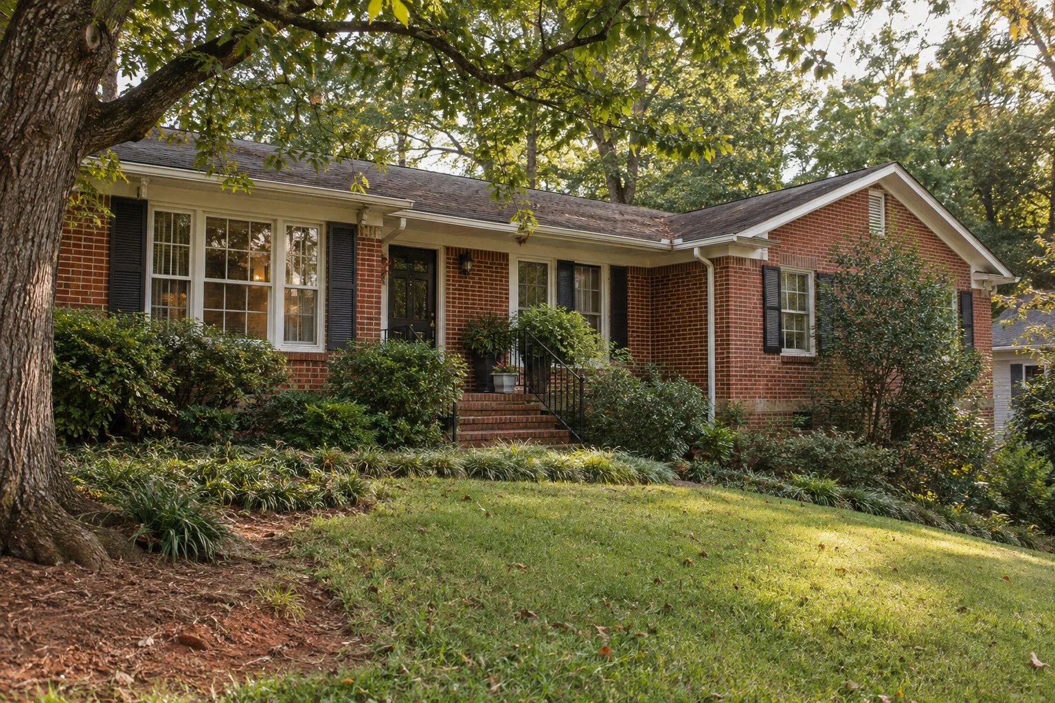 Illustration of a brick ranch home beneath mature trees